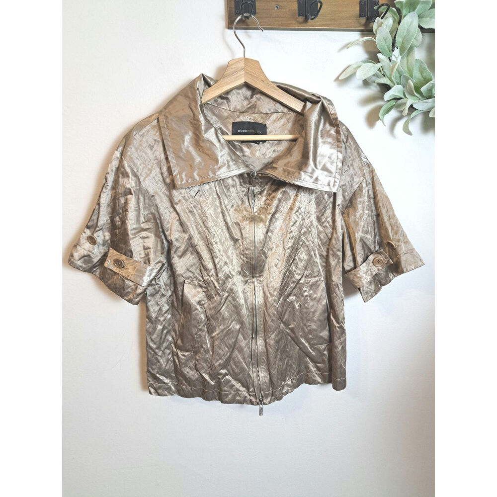BCBGMAXAZRIA Metallic Crinkle Short Sleeve Jacket Zip Up M